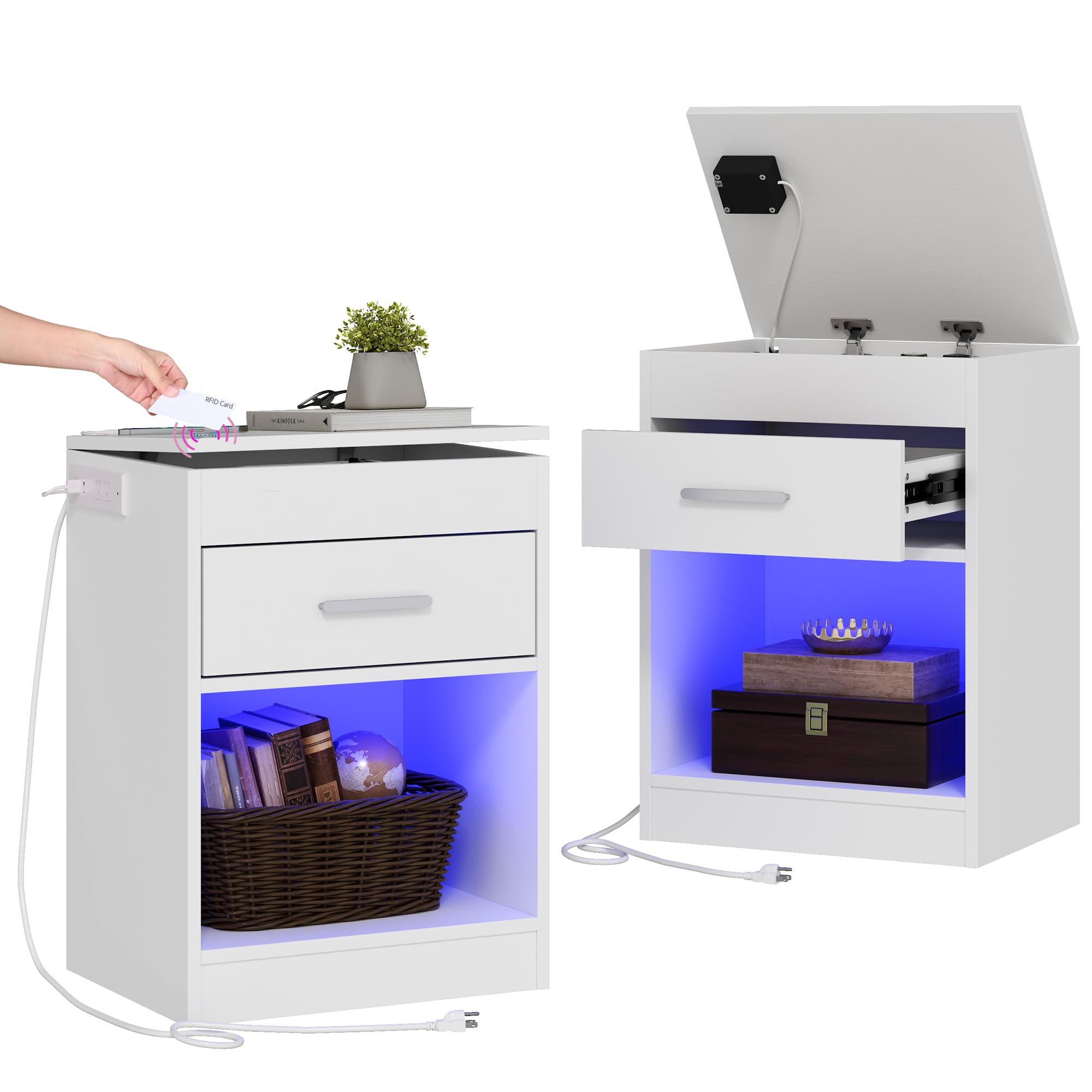 Auromie Nightstand with Charging Station and LED Lights, Concealment Furniture with RFID Lock Cabinet and Power Outlets, Bedside Table with Hidden Compartment for Valuables Storage, Black
