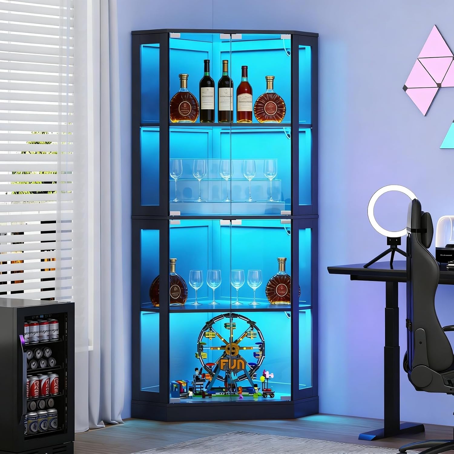 Gyfimoie Corner Wine Bar Cabinet with LED Lights,65" Tall Modern Liquor Cabinet with Tempered Glass Door,4-Tier Home Bar Liquor Storage Cabinet for Home Living Dining Room, Kitchen