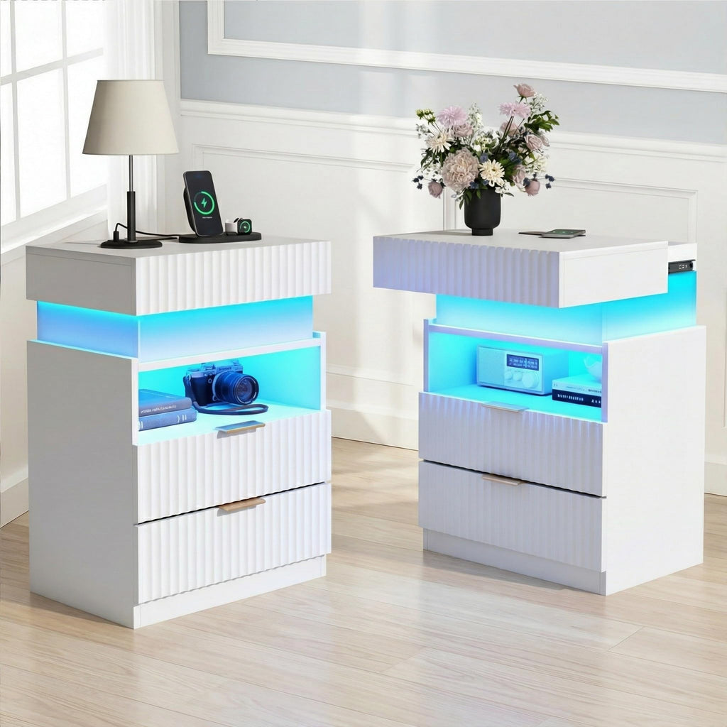Night Stand with Wireless Charging Station, White Bedside Table with Hidden Gun Drawer & LED Lights, Modern End Table with 2 Drawers, Fluted Nightstands with Open Storage Shelf for Bedroom