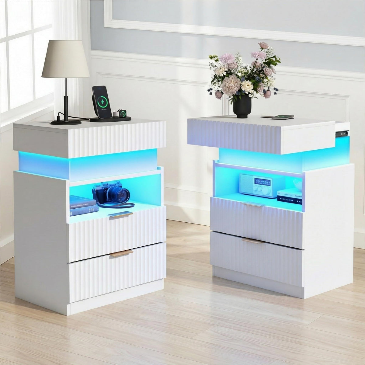 Night Stand with Wireless Charging Station, White Bedside Table with Hidden Gun Drawer & LED Lights, Modern End Table with 2 Drawers, Fluted Nightstands with Open Storage Shelf for Bedroom