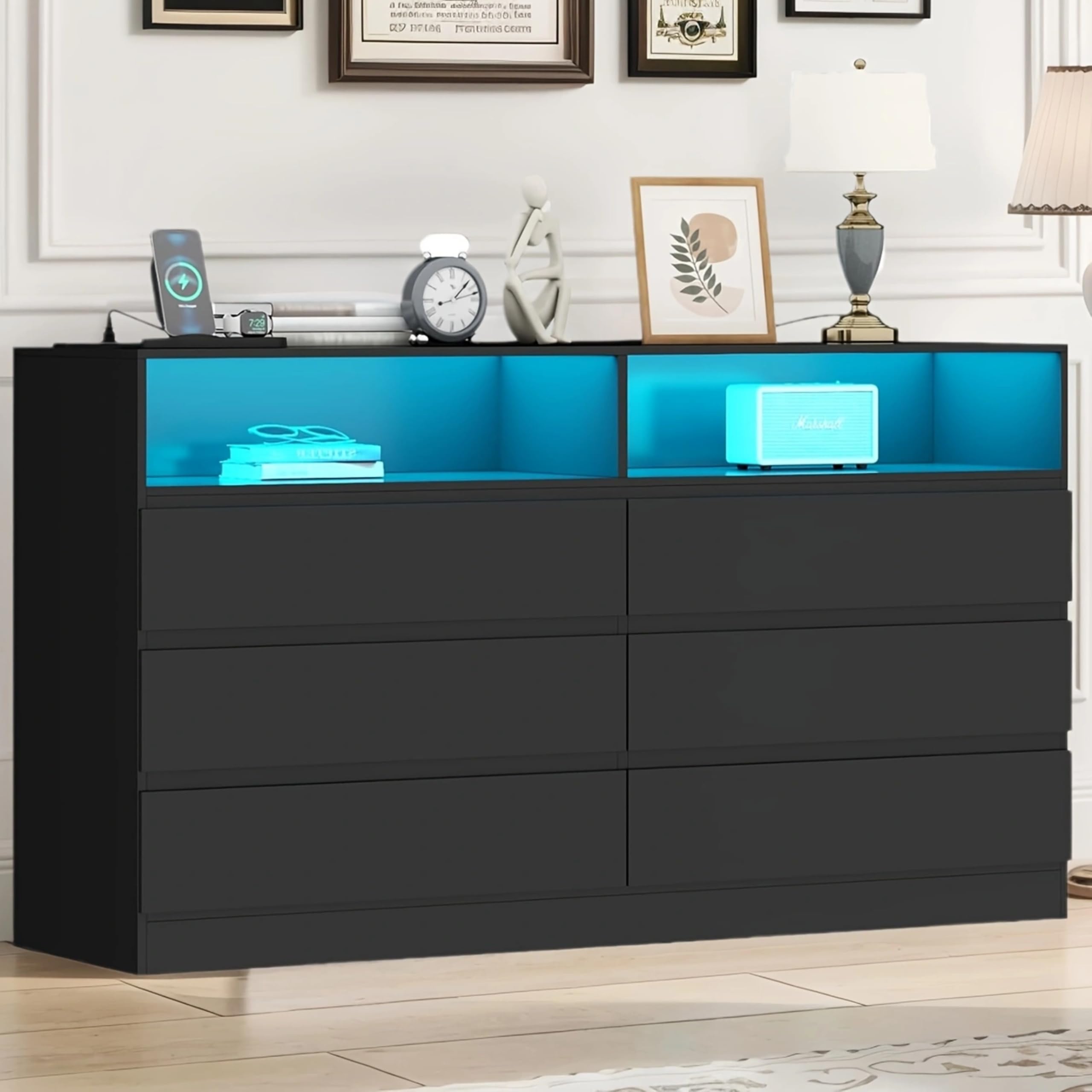 Loomie 12-Cell Divided Drawers Black Dresser with Charging Station & Led Lights for Bedroom, Long 63" Wide Dresser TV Stand for TVs up to 75", Large Dressers Organizer with 4 Open Cubbies