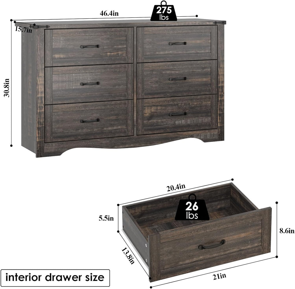 Loomie Farmhouse 6 Drawers Double Dresser for Bedroom, Modern White Dresser Chest of Drawers, Wide Dressers Organizer, Accent Storage Cabinet for Closet, Living Room, Hallway, Dark Rustic Oak