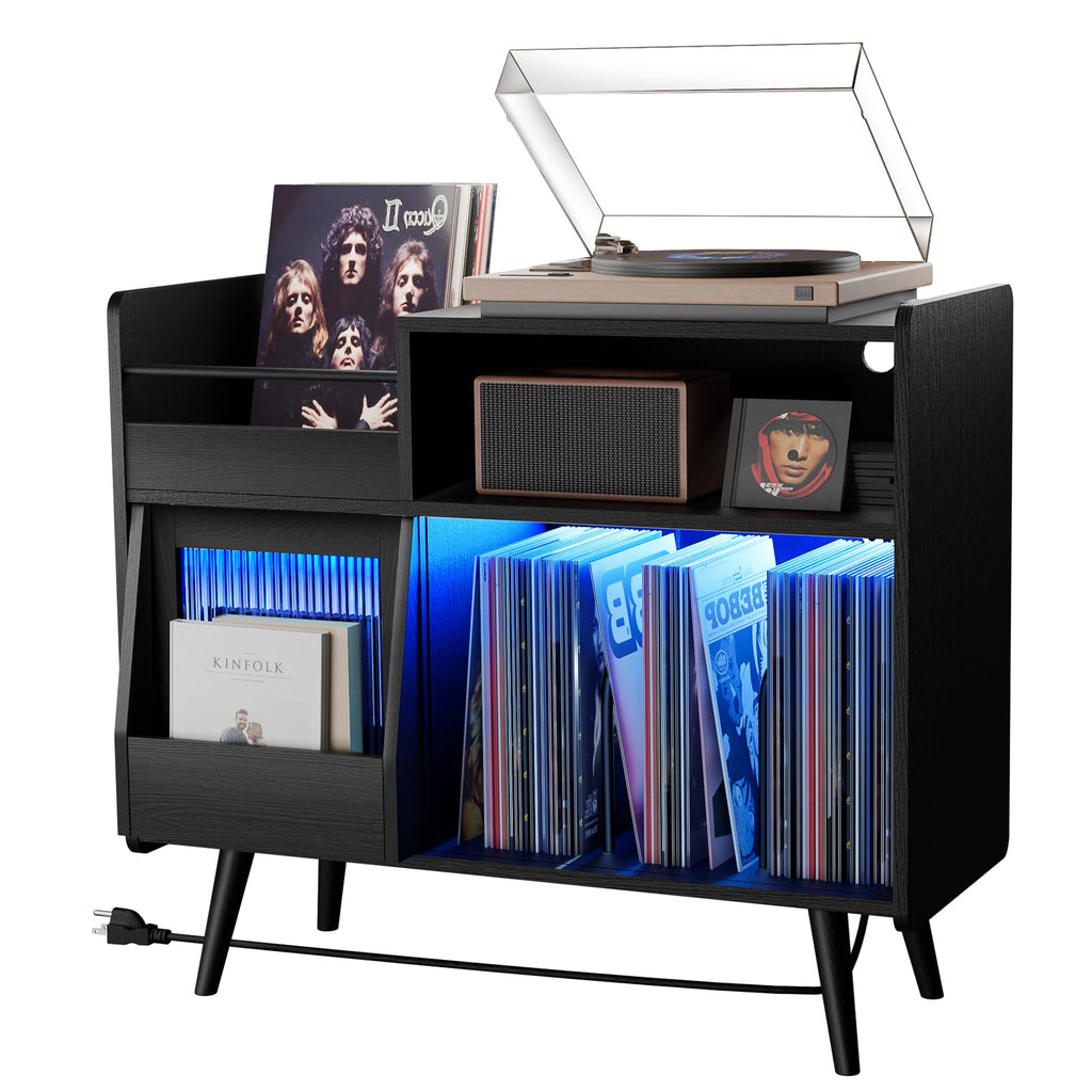 Loomie Upgraded Large Record Player Stand,Turntable Stand Shelf with with Power Outlet and LED Light,Vinyl Record Storage Cabinet Up to 350 Albums, Wood Record Player Holder Table for Living Room
