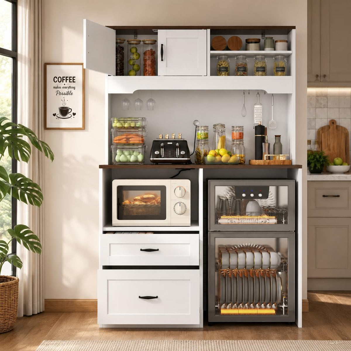 Kitchen Pantry Cabinet with Power, Kitchen Hutch with Fridge Space & Drawer