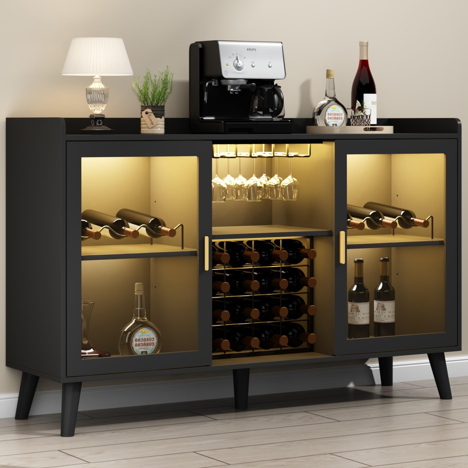 Loomie Wine Bar Cabinet with LED Light, Home Coffee Cabinet with Wine Rack and Glass Holder, Kitchen Buffet Sideboard W Storage Shelf, Freestanding Liquor Cabinet for Living Room, Dining Room (Walnut)