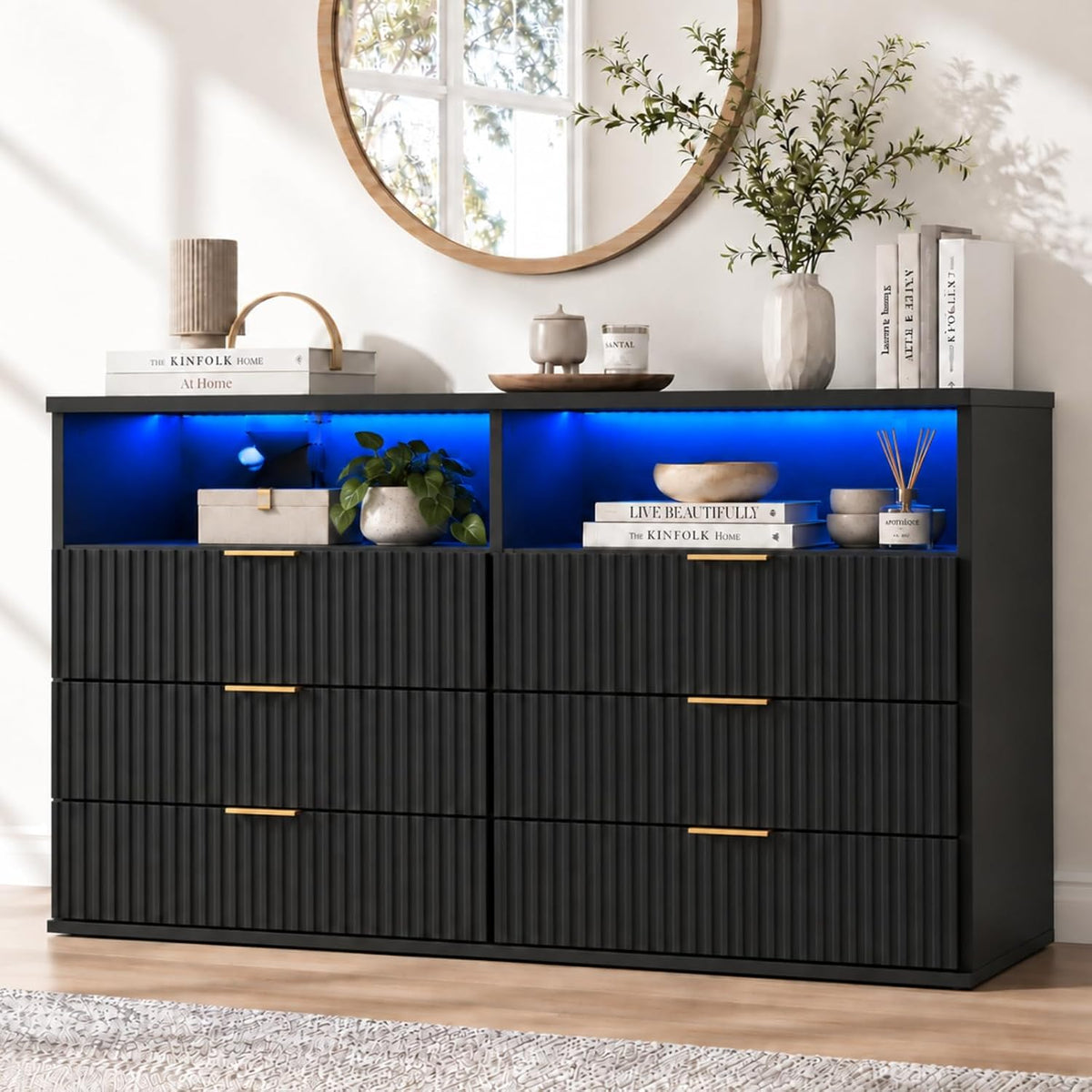 Fluted 6-Drawer Dresser for bedroom w/LED Light & Power Outlet, Black