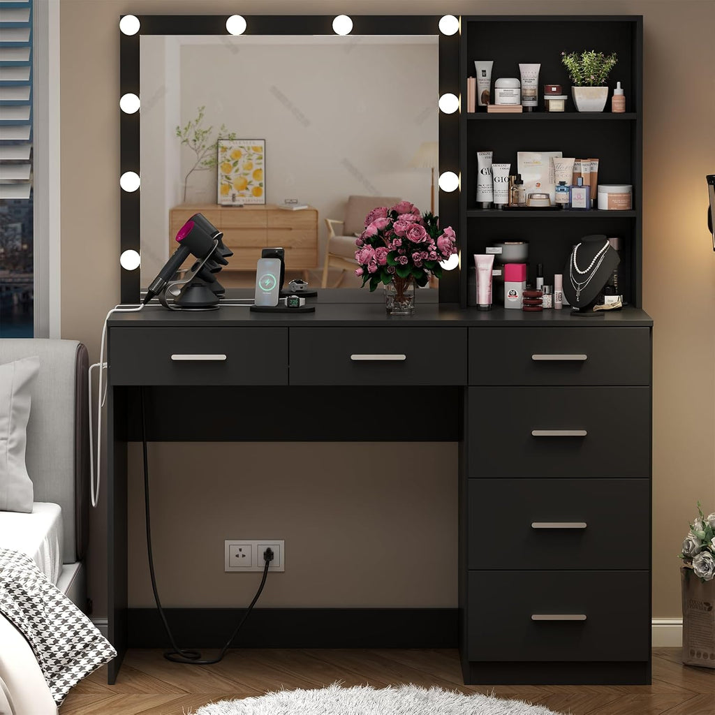 Loomie Vanity Desk with Lighted Mirror & Power Outlet, Makeup Vanity Table with 6 Drawers, 3-Tier Shelf, Vanity Dresser with 10 Lights in 3 Lighting Colors for Bathroom, Bedroom,Makeup Room, Black