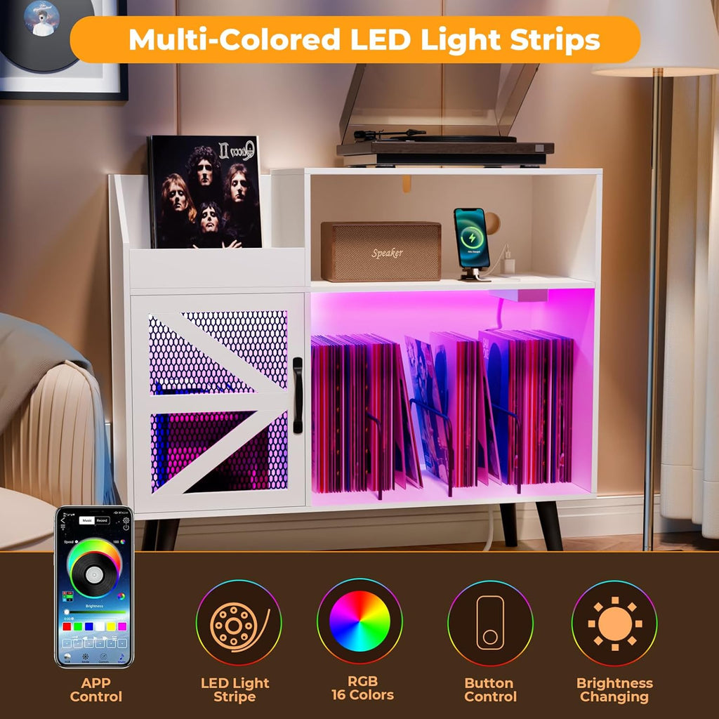 Large White Record Player Stand with Magnetic Door,350 Vinyl Record Storage Cabinet, Record Player Table with Power Outlet and LED Light,Turntable Stand with Wood Legs for Living Room