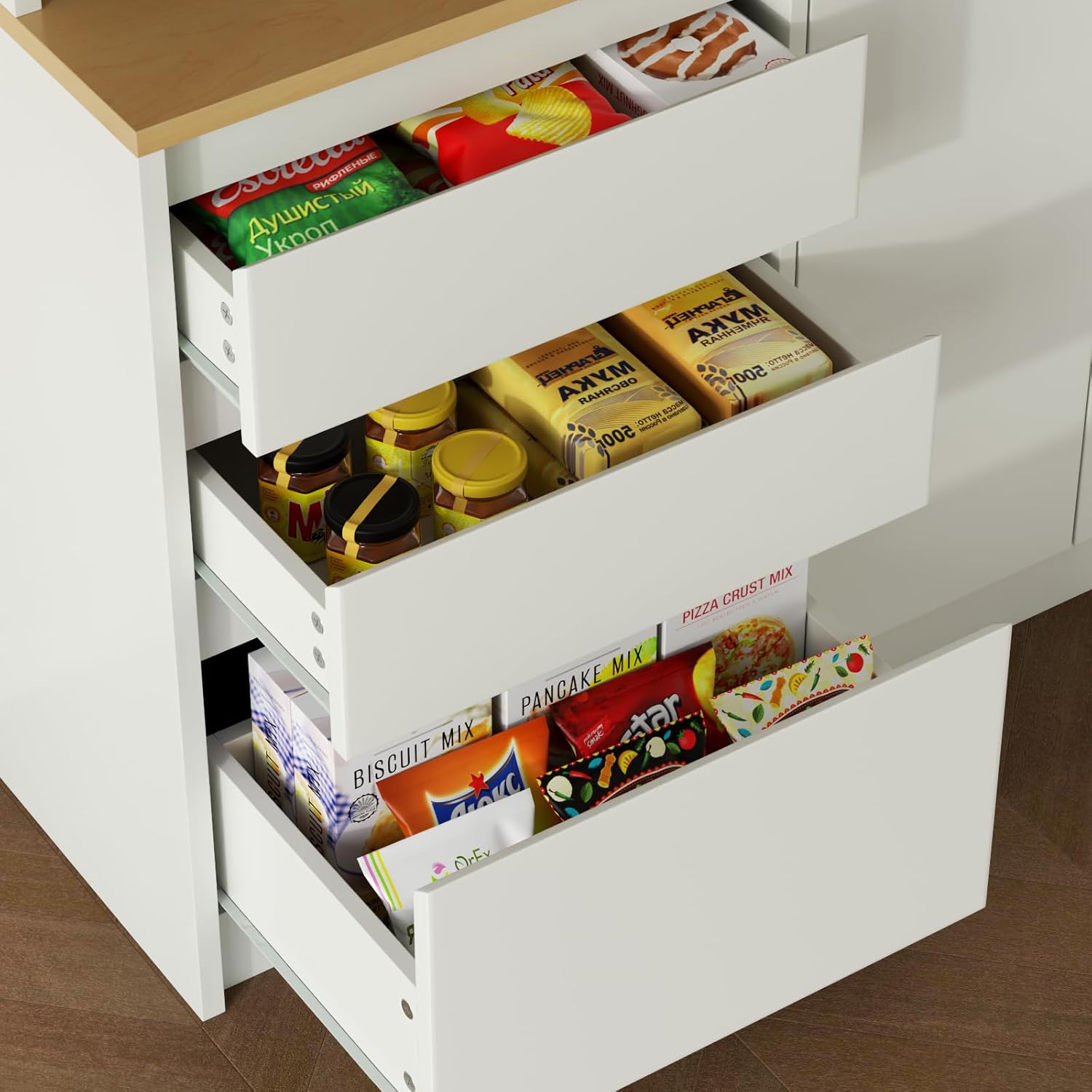 Loomie 71" Tall Kitchen Pantry Storage Cabinet, Large Kitchen Hutch with Glass Doors & 3 Drawers, Freestanding Buffet Cabinet with Adjustable Shelves, Food Pantry for Dining Room, White (White)