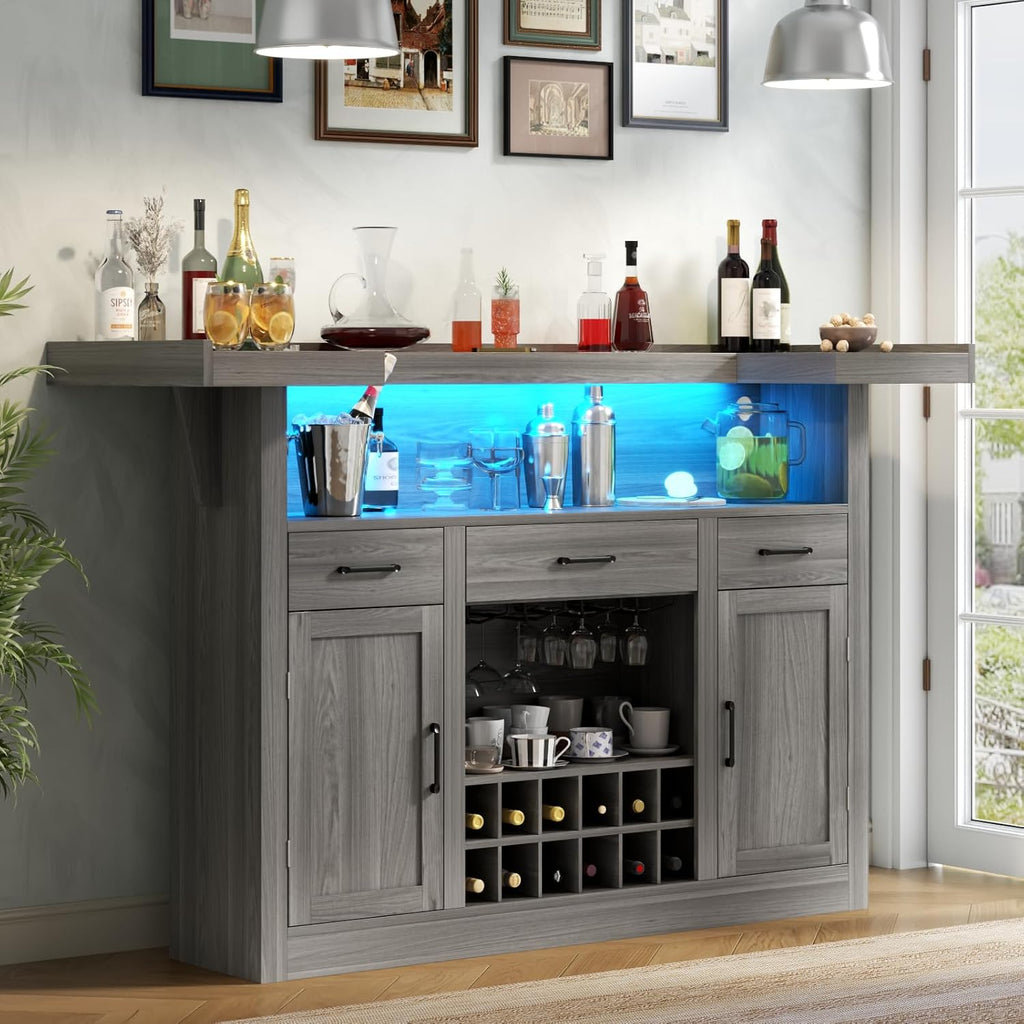 Loomie Bar Table Cabinet with LED & 3 Drawers,Liquor Bar with Adjustable Storage Shelves & Stemware Holders,Crescent Shaped Counter for Home Pub,Wine Alcohol Bar Stand with Wine Rack & Door (Grey Oak)