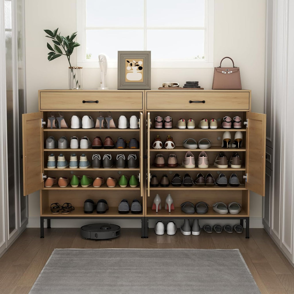 Loomie Rattan 5-Tier Shoe Storage Cabinet with Doors, Drawer & Cubby, 44.3" Boho Shoe Organizer for Entryway Hallway Closet (Natural)