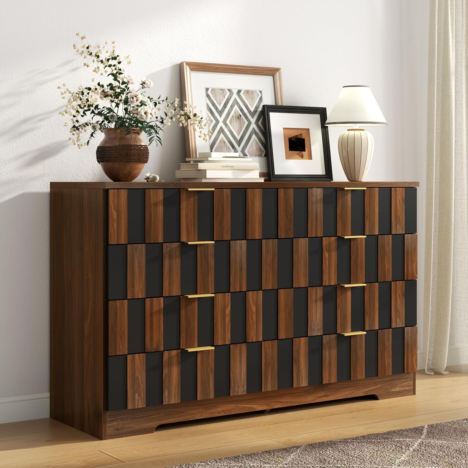 Loomie 8 Drawer Dresser for Bedroom, 47" Wide Chest of Drawers with Anti-Tipping Design, Large Storage Drawers w/Metal Handles, Deep Closet Dresser for Living Room, Entryway, Black-Walnut Color