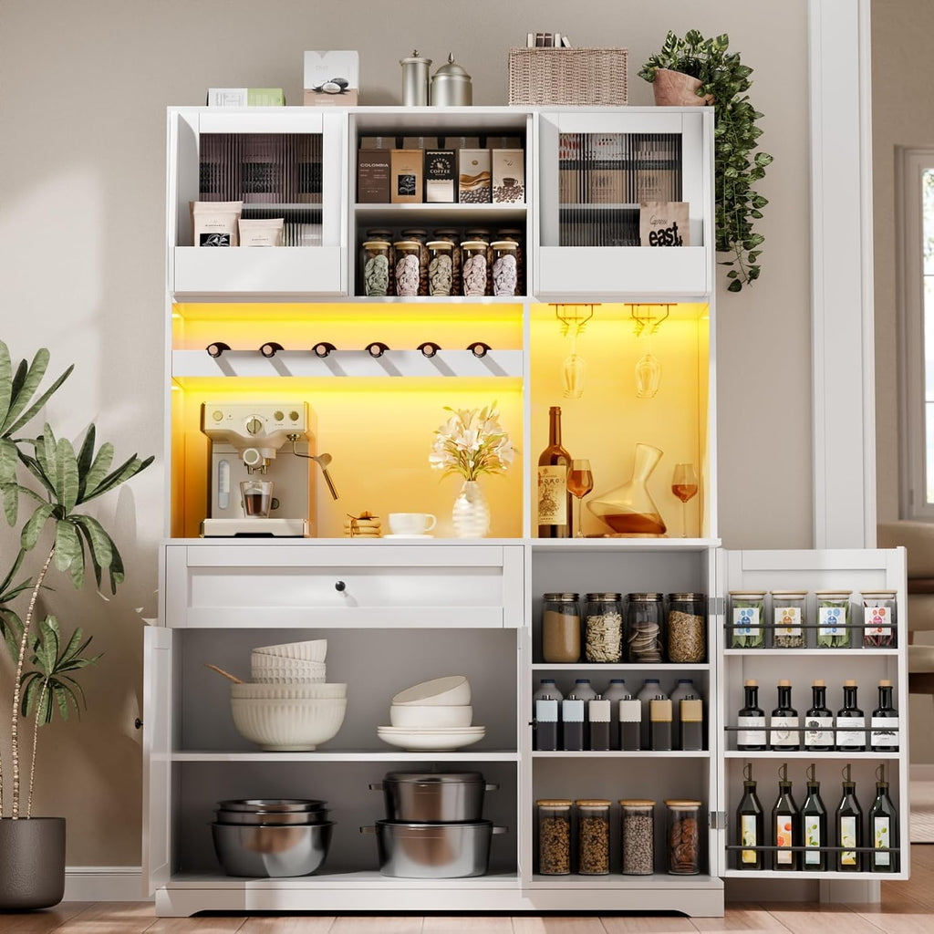 71" Tall Kitchen Pantry Storage Cabinet with 2 Sliding Doors & Outlet,Modern Kitchen Hutch Cabinet with LED Light & Drawers,Wood Food Pantry with Wine Rack & Glass Holder,Cupboard for Dining Room