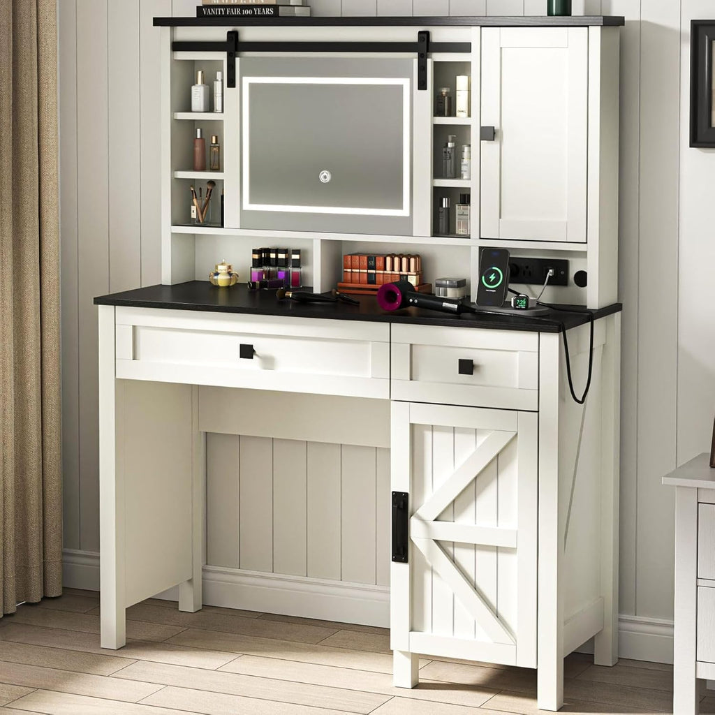 Loomie Farmhouse Vanity Desk with Sliding Mirror & Lights, Makeup Vanity Table with Power Outlet, 2 Drawers, 2 Cabinets & 2 Cubbies, Dressing Table with 3 Color Lighting Modes for Bedroom (White)