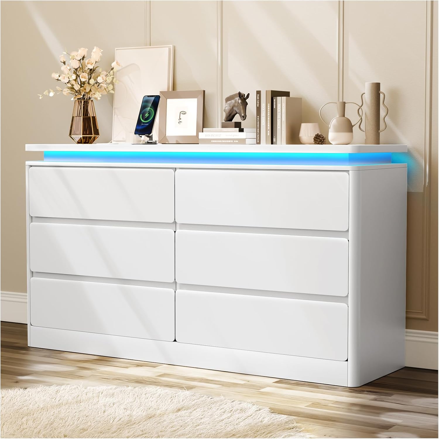 Loomie Upgraded 6 Drawer White Dresser for Bedroom, 47.2" Long Chest of Drawers with Charging Station & LED Lights, Wooden Storage Cabinet Dresser for Closet,Modern TV Stand with Deep Drawers