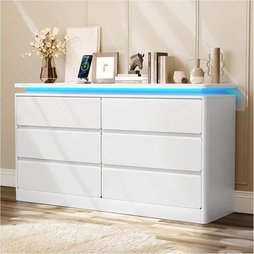Loomie Upgraded 6 Drawer White Dresser for Bedroom, 47.2" Long Chest of Drawers with Charging Station & LED Lights, Wooden Storage Cabinet Dresser for Closet,Modern TV Stand with Deep Drawers