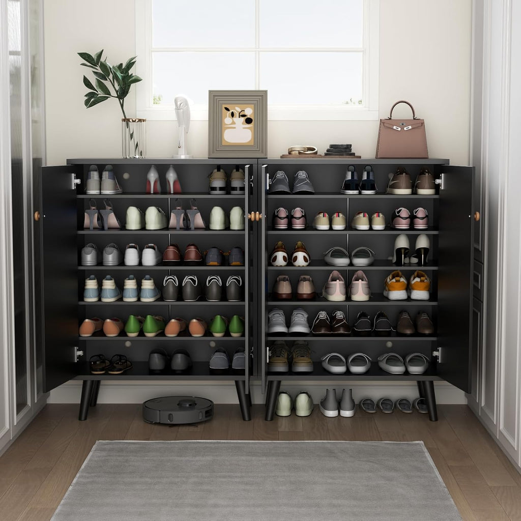 Loomie Rattan Shoe Cabinet, 6-Tiers Shoe Storage Cabinet for Entryway Hallway, 2 Door Accent Cabinet with Adjustable Shelves, 44" H Tall Sideboard Storage Cabinet Closet Living Room (Black)