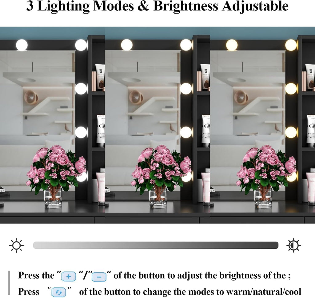 Loomie Vanity Desk with Lighted Mirror & Power Outlet, Makeup Vanity Table with 6 Drawers, 3-Tier Shelf, Vanity Dresser with 10 Lights in 3 Lighting Colors for Bathroom, Bedroom,Makeup Room, Black