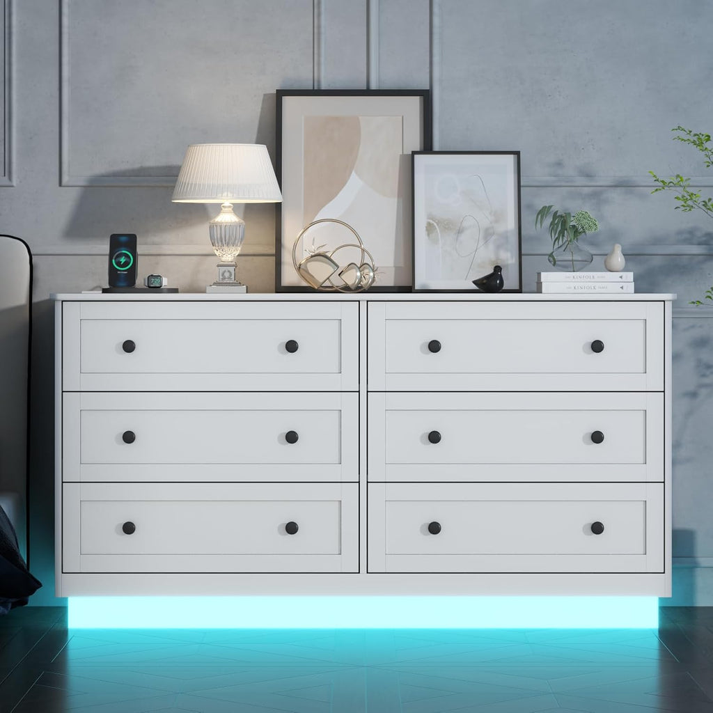 Loomie 6 Drawer Dresser, Modern Drawer Chests with Power Outlet and Led Light, Wide Chest of Drawers for Storage and Organization, White Dresser for Bedroom, Living Room, Closets, Entryway