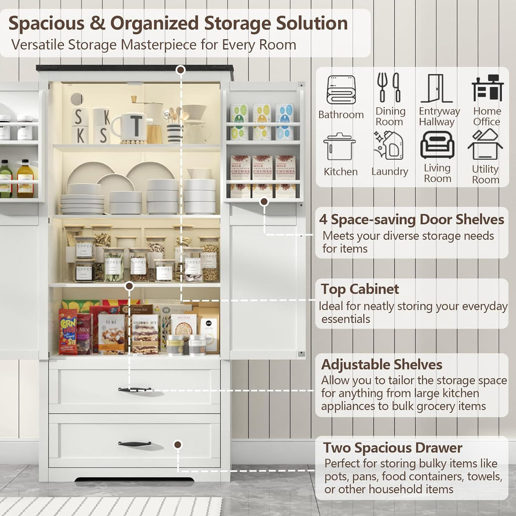 Loomie 71" Tall Farmhouse Kitchen Pantry with Sensor Light & Adjustable Shelves, Large Storage Cabinet with 2 Drawers & Adjustable Shelves, Rustic Wood Cupboard for Dining Room,Bathroom, Living Room