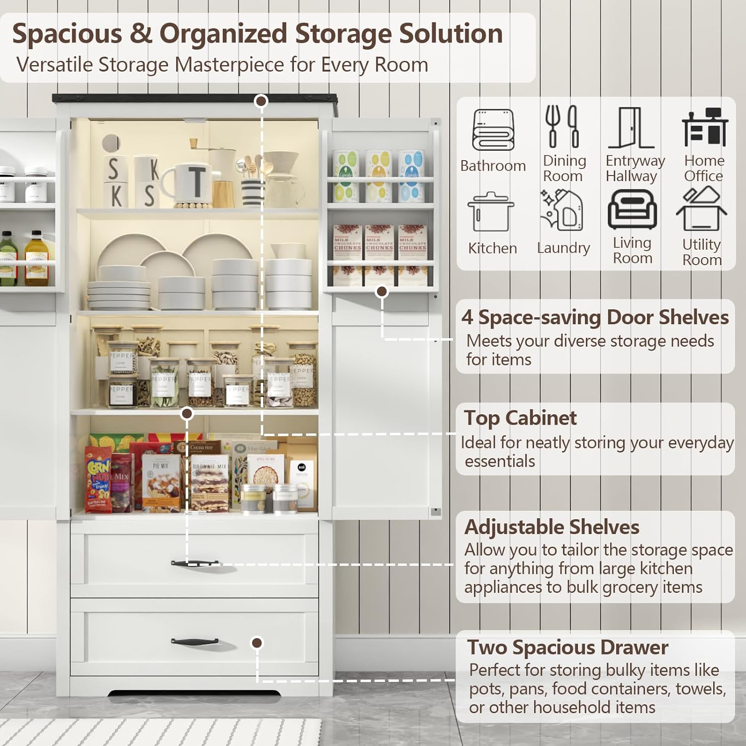 Loomie 71" Tall Farmhouse Kitchen Pantry with Sensor Light & Adjustable Shelves, Large Storage Cabinet with 2 Drawers & Adjustable Shelves, Rustic Wood Cupboard for Dining Room,Bathroom, Living Room