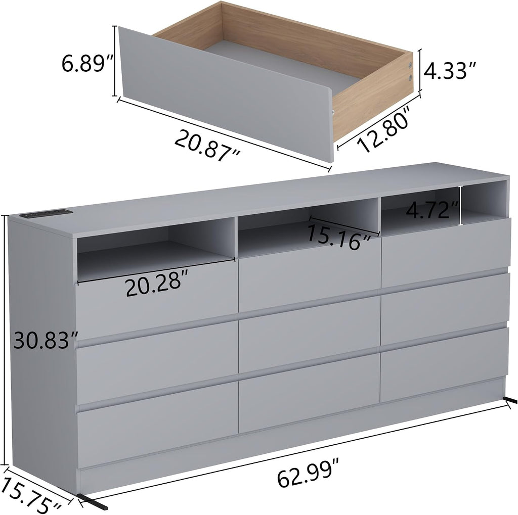 63"Wide 9 Drawer Dresser for Bedroom with LED Lights & Power Outlet