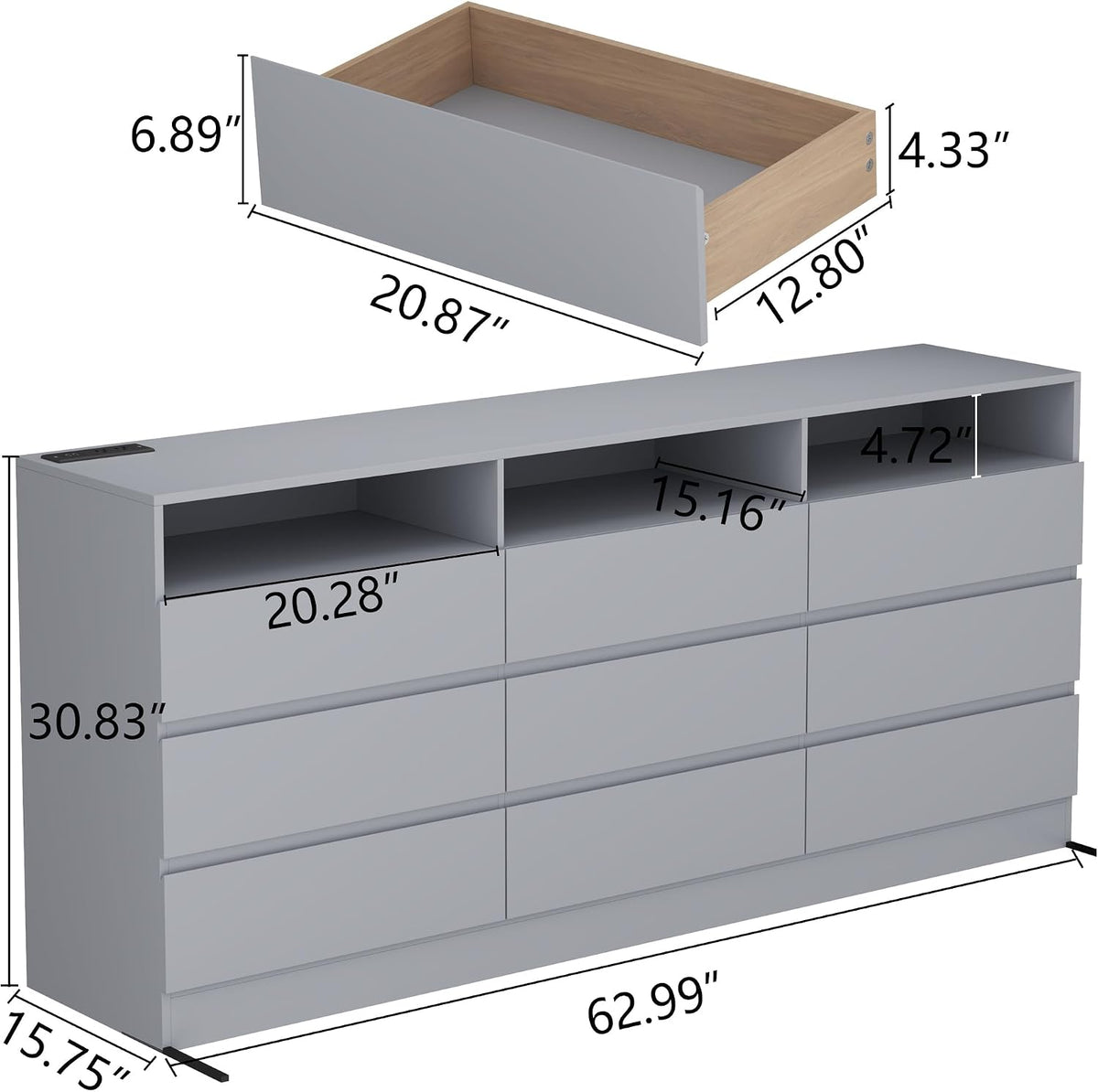 63"Wide 9 Drawer Dresser for Bedroom with LED Lights & Power Outlet
