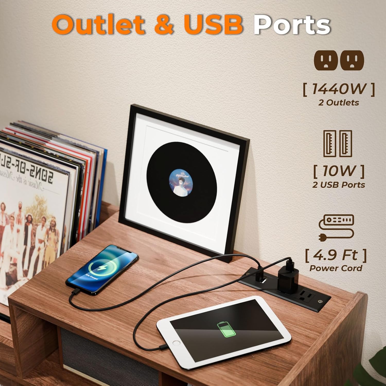 Loomie Upgraded Large Record Player Stand,Turntable Stand Shelf with with Power Outlet and LED Light,Vinyl Record Storage Cabinet Up to 350 Albums, Wood Record Player Holder Table for Living Room