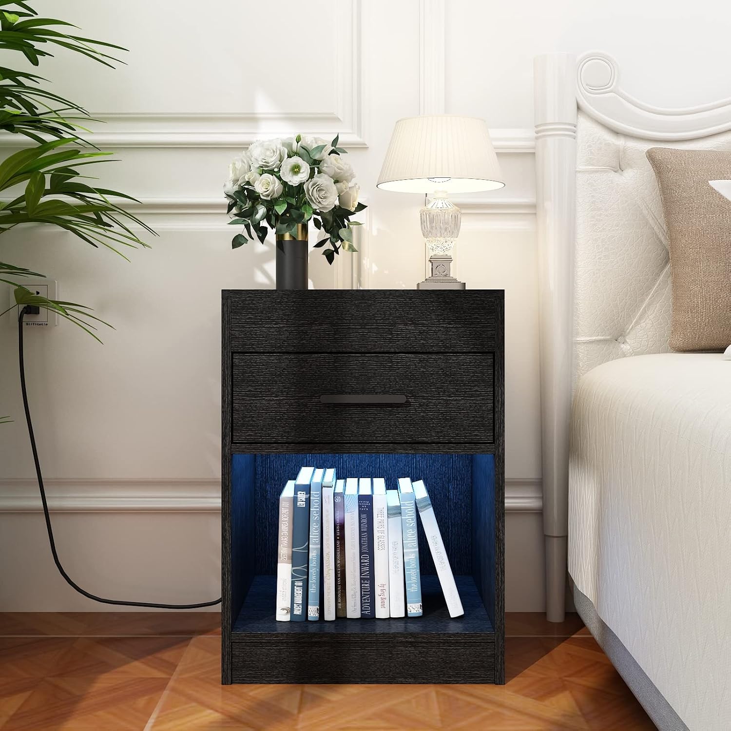 Auromie Nightstand with Charging Station and LED Lights, Concealment Furniture with RFID Lock Cabinet and Power Outlets, Bedside Table with Hidden Compartment for Valuables Storage, Black