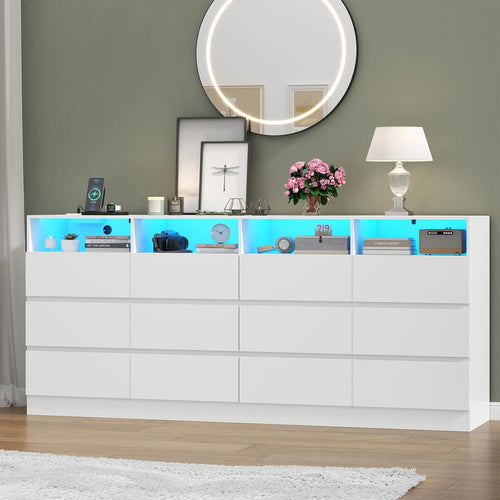 Loomie 12-Cell Divided Drawers White Dresser with Charging Station & Led Lights for Bedroom, Long 63" Wide Dresser TV Stand for TVs up to 75", Large Dressers Organizer with 4 Open Cubbies