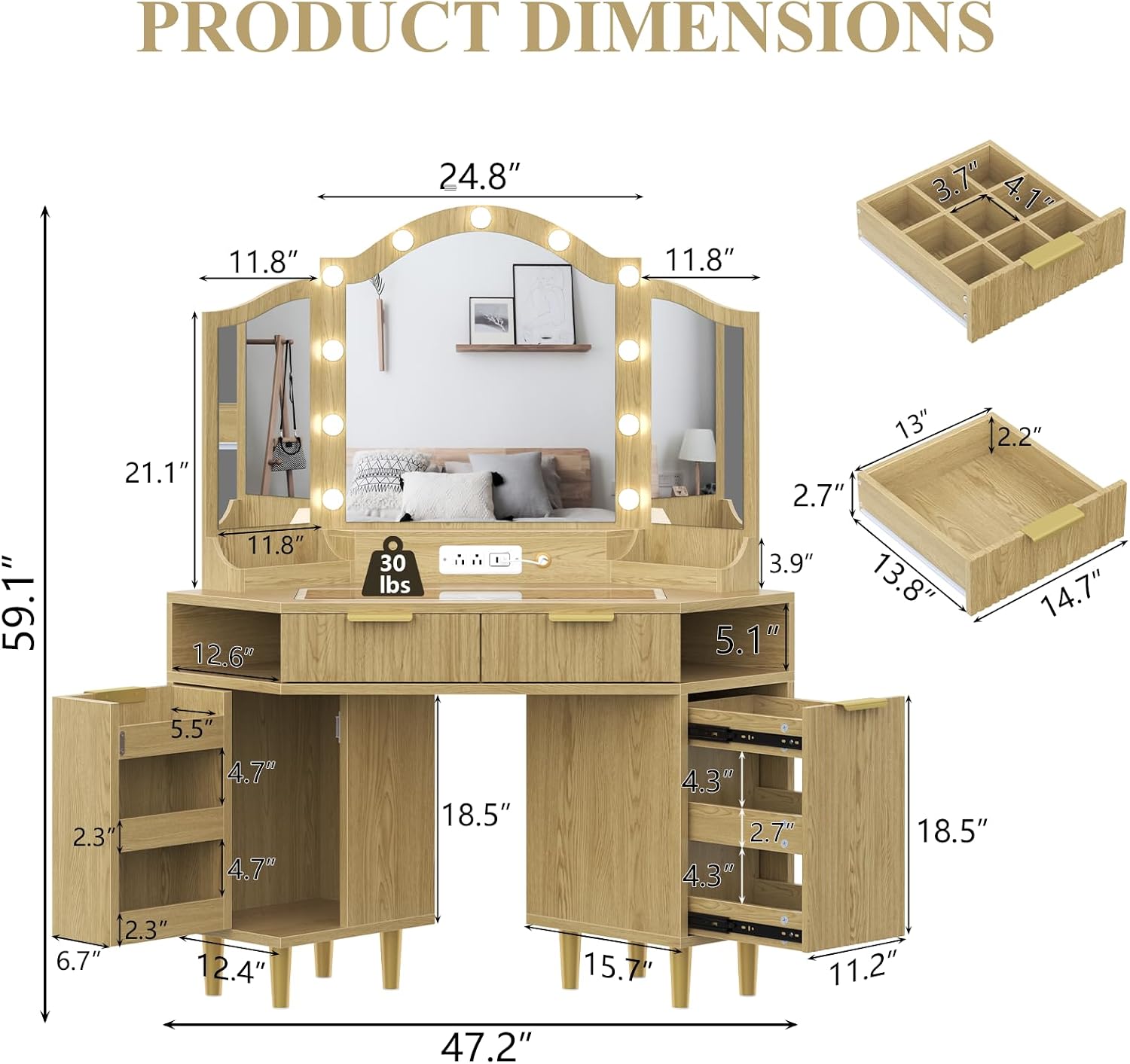 Corner Vanity Desk with 3-Color Dimmable LED Mirror, Heavy-Duty Makeup Vanity w/ Power Outlets & USB Charging, Premium Corner Makeup Table w/ Fluted Drawers & Storage Cabinet for Bedroom, Natural Oak