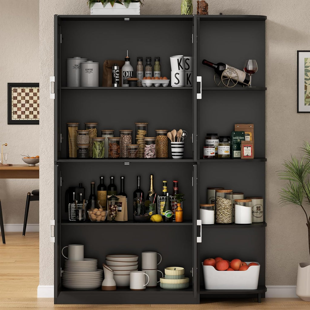Loomie Kitchen Pantry Storage Cabinet, 64" Tall Freestanding Cupboard with Doors & Adjustable Shelves, Food Pantry Cabinet with 5-Tier External Shelf for Dining Room (Black)