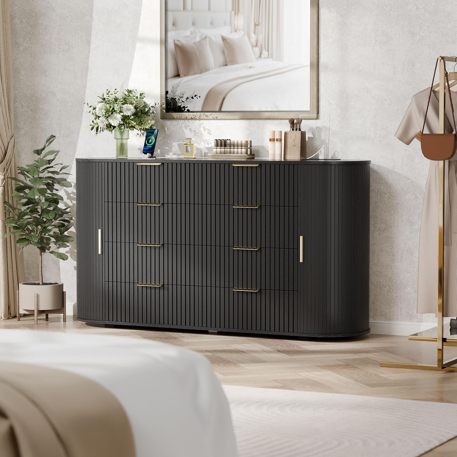 Loomie Fluted 8 Drawers Dresser for Bedroom, 55.12" Wide Dressers & Chest of Drawers w/2 Sliding Doors & Charging Station,Curved Profile Design,Wooden Closet Storage Cabinet,Modern Dresser TV Stand