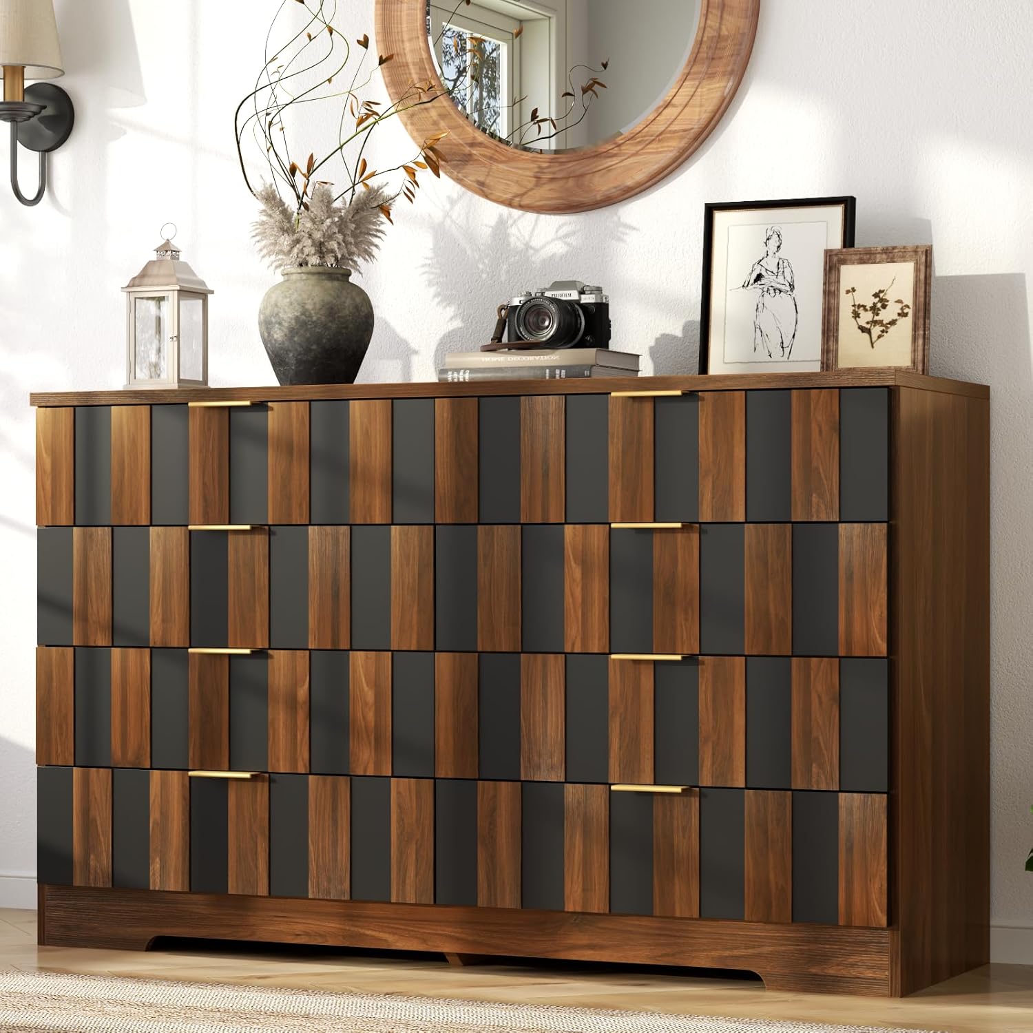 Loomie 8 Drawer Dresser for Bedroom, 47" Wide Chest of Drawers with Anti-Tipping Design, Large Storage Drawers w/Metal Handles, Deep Closet Dresser for Living Room, Entryway, Black-Walnut Color