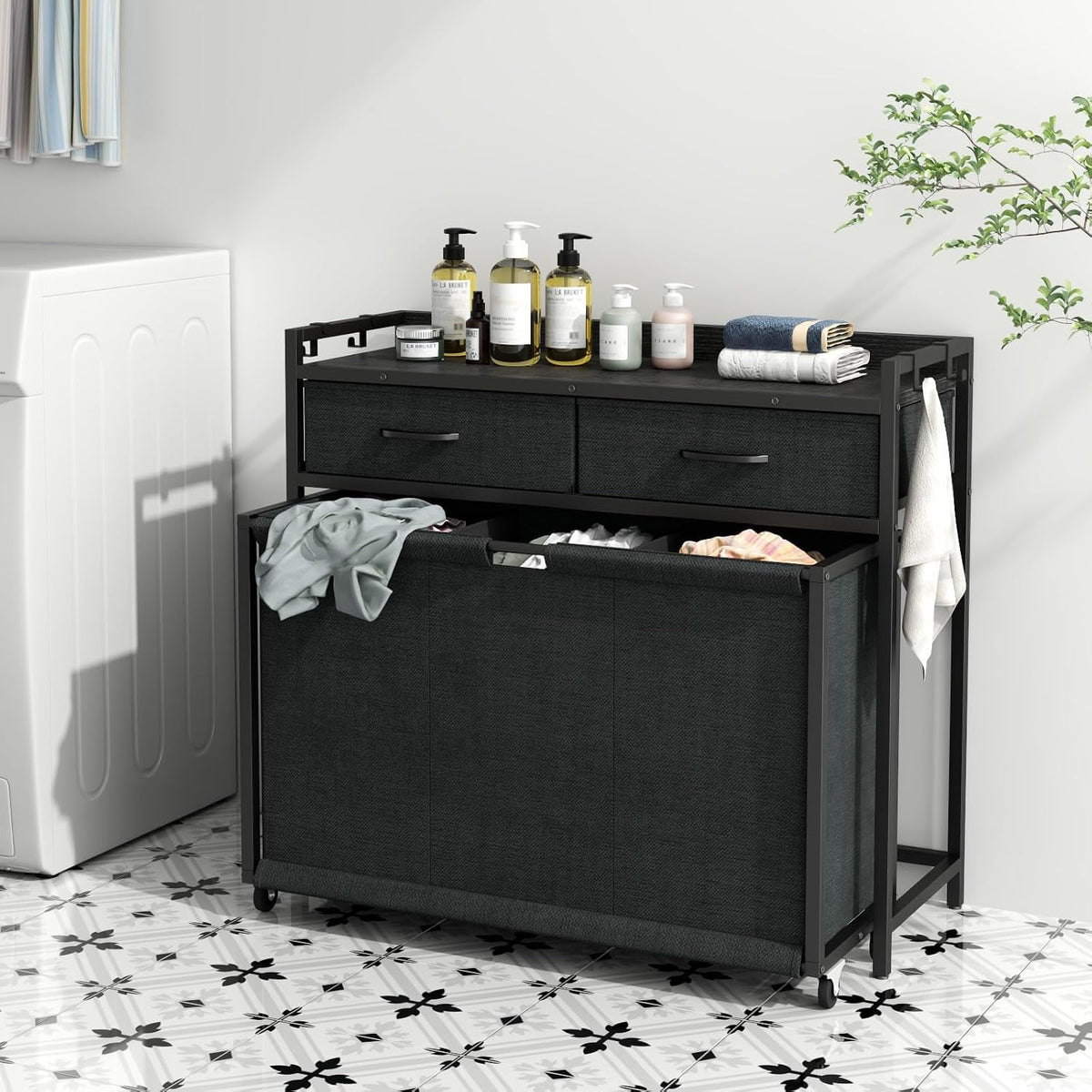 Loomie Laundry Hamper Laundry Basket with 3 Section Pull-Out Rolling Bags, Laundry Sorter for Organization and Storage with 2 Pull-Out Drawers for Laundry Room