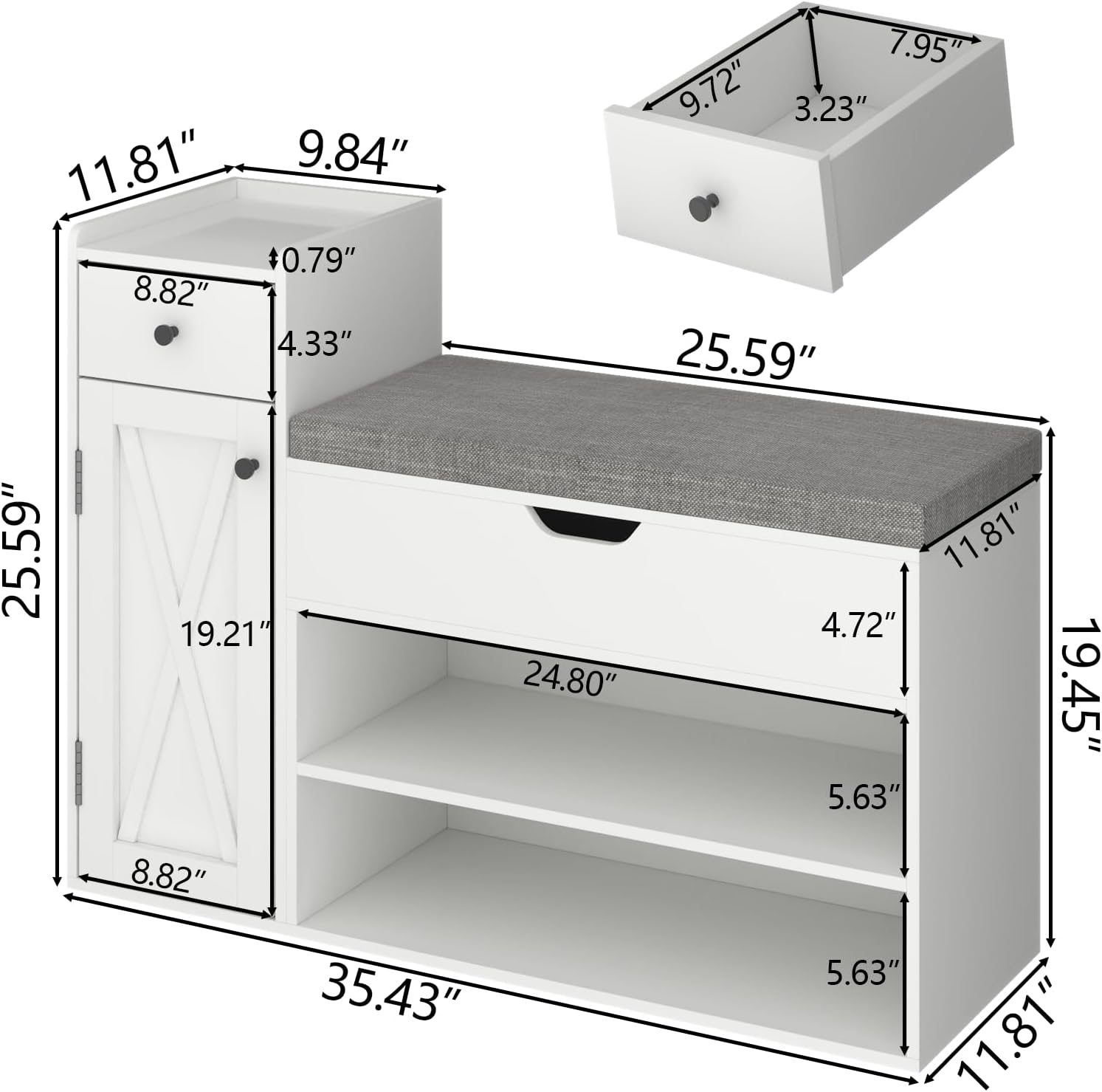 Loomie Shoe Storage Bench, 2-Tier Farmhouse Entryway Bench with Lift Top Storage Box, Drawer & Soft Removable Seat Cushion, Silm Shoe Rack with Shoe Cabinet for Entryway, Hallway, Bedroom, White