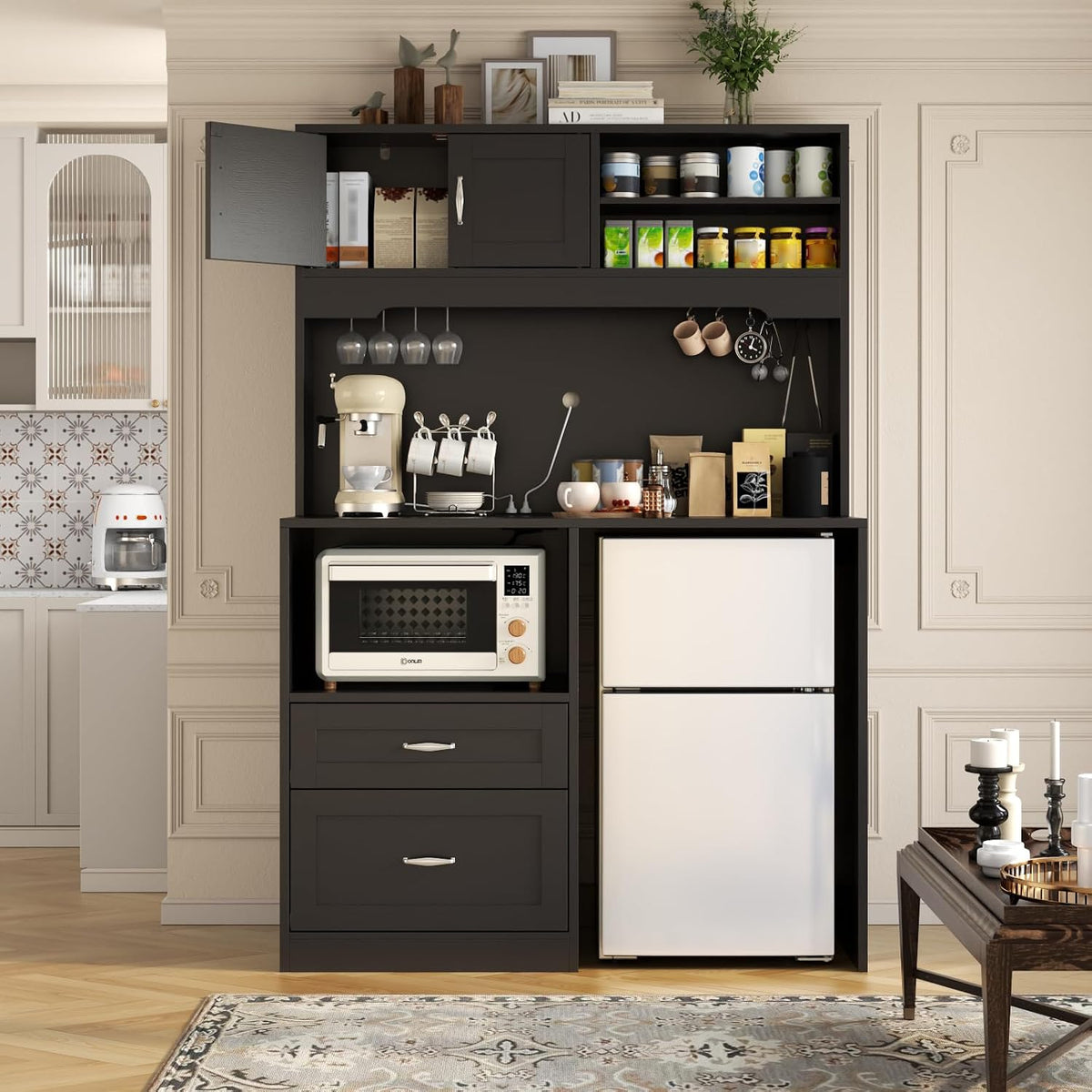 Kitchen Pantry Cabinet with Power, Kitchen Hutch with Fridge Space & Drawer