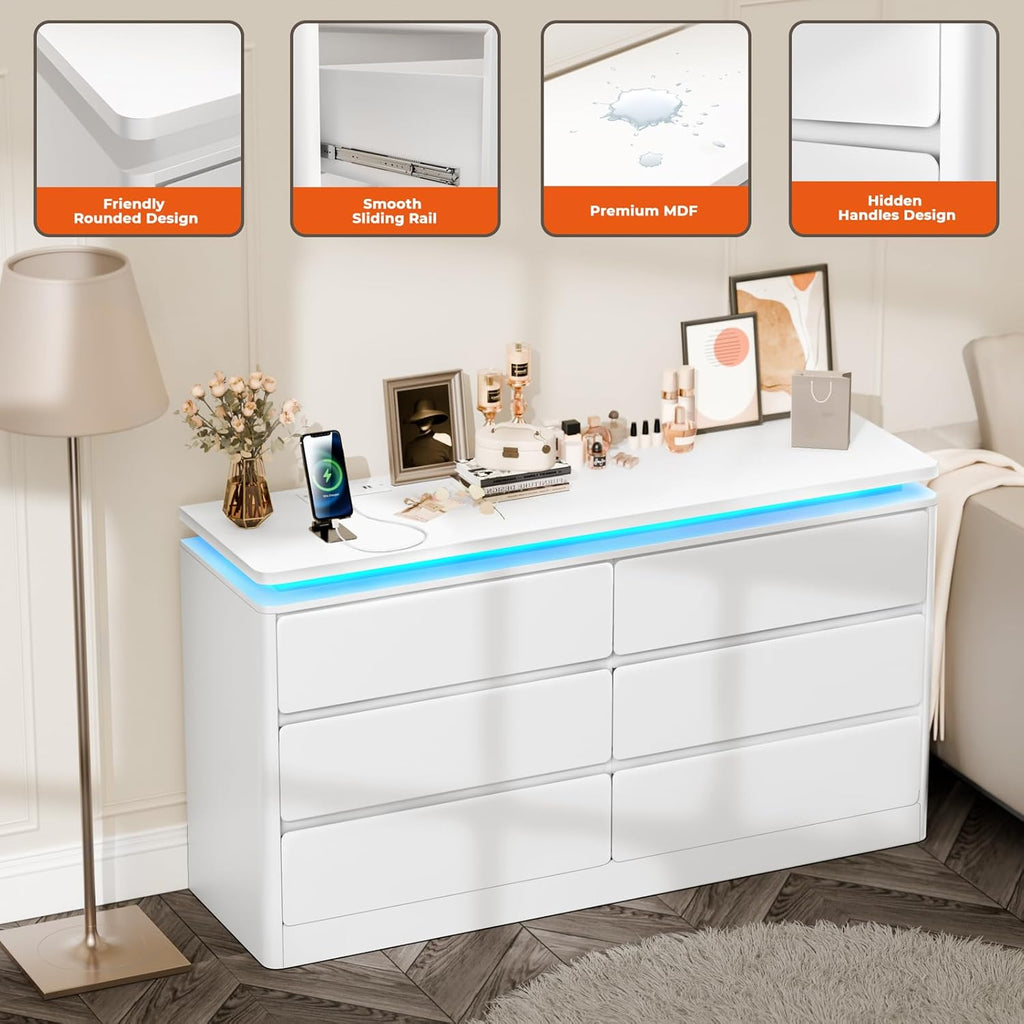 Loomie Upgraded 6 Drawer White Dresser for Bedroom, 47.2" Long Chest of Drawers with Charging Station & LED Lights, Wooden Storage Cabinet Dresser for Closet,Modern TV Stand with Deep Drawers