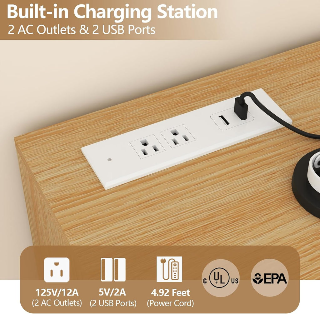 Loomie 9 Drawer Triple Dresser with Charging Station & Led Lights for Bedroom,Long 63" Dresser TV Stand for TVs up to 75",Wide Large Drawer Dressers Organizer with 3 Cubbies for Hallway, Light Wood