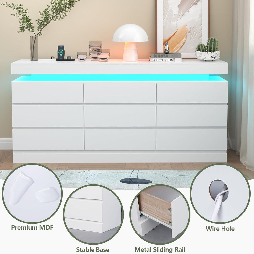 Gyfimoie 9 Drawer Dresser with Power Outlet, Dresser with LED Light, Modern Chest of Drawers for Closet, Double Wide Drawer Organizer Cabinet for Bedroom, Living Room (White, 9 Drawers)