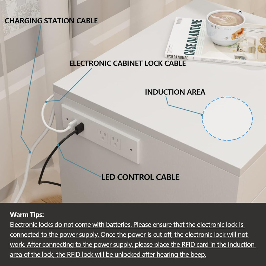 Auromie Nightstand with Charging Station and LED Lights, Concealment Furniture with RFID Lock Cabinet and Power Outlets, Bedside Table with Hidden Compartment for Valuables Storage, White
