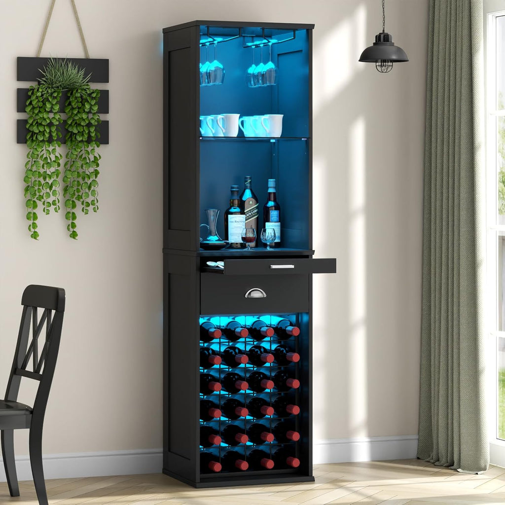 Loomie Wine Bar Cabinet with LED Lights, 65'' Tall Coffee Bar with 24 Wine Rack & Glass Holder, Freestanding Liquor Cabinet with Tray & Drawer & Adjustable Shelf (Black)