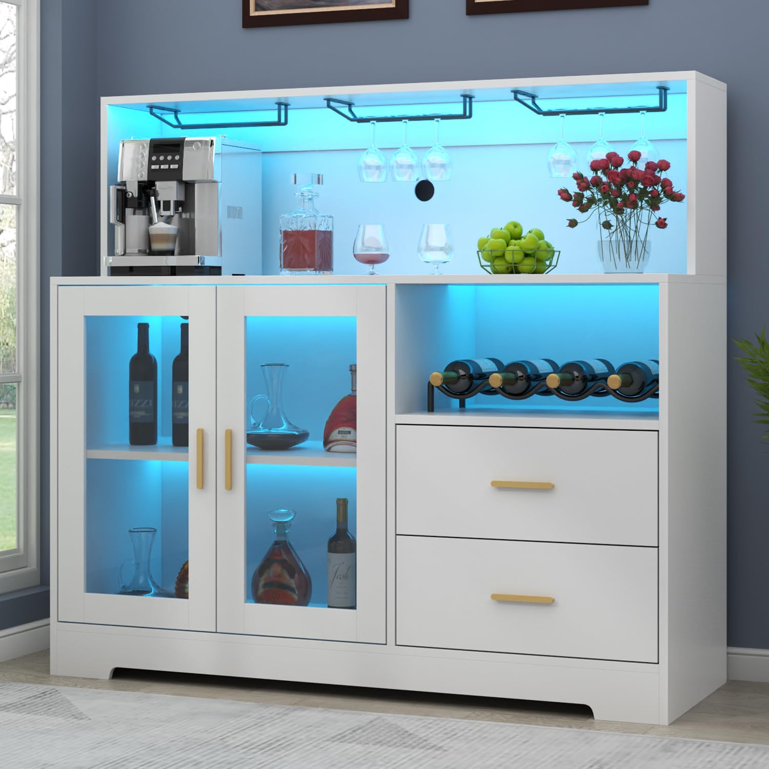 Auromie Wine Bar Cabinet with LED Light, Home Coffee Cabinet with Wine and Glass Rack, Kitchen Buffet Sideboard with Storage Cabinet&Drawers, Modern Liquor Cabinet for Living Room Dining Room (Brown)