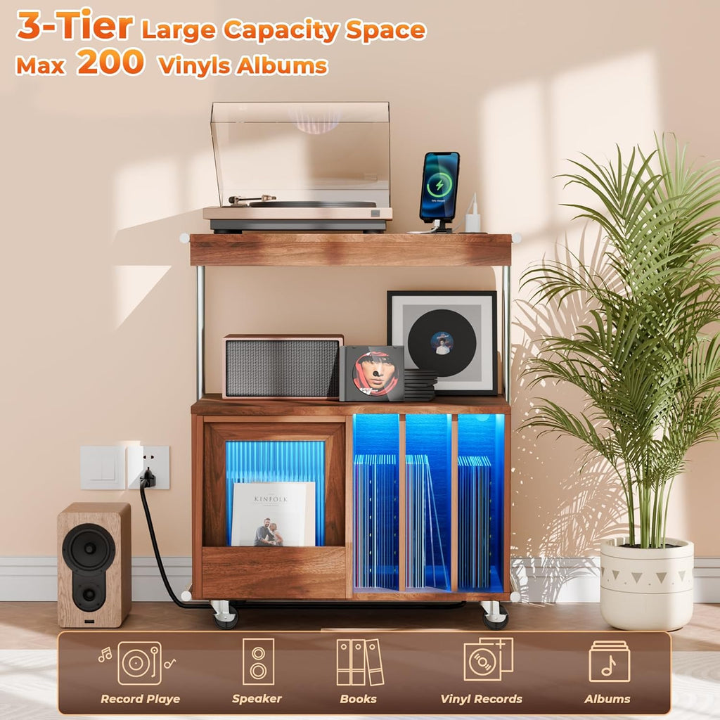 Large Record Player Stand with Sliding Door and Wheels,200 Vinyl Record Storage Cabinet, Record Player Table with Power Outlet & LED Light,Turntable Stand with Wood Legs for Living Room,Bedroom