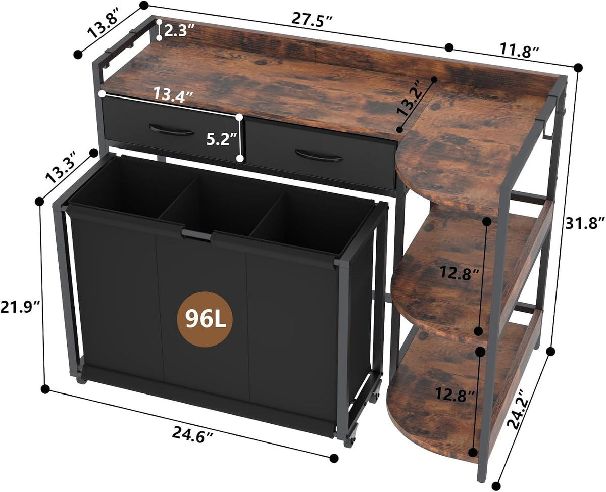 STIKELY L Shaped Laundry Hamper Laundry Basket with 3 Section Pull-Out Rolling Bags & 3-Tier Storage Shelf, Laundry Sorter for Organization and Storage with 2 Drawers for Laundry Room