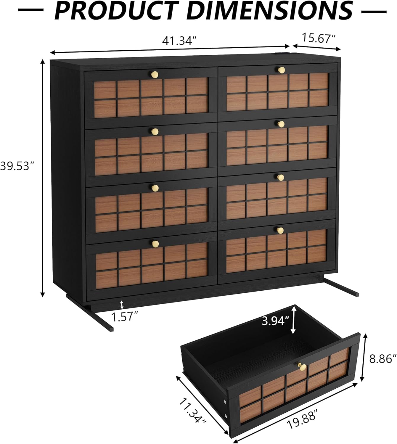 Floating 8 Drawer Dresser for Bedroom, LED Chest of Drawers with Charging Station, Brown Plaid Fronts & Gold Metal Knobs, Modern Dresser TV Stand Storage Organizer for Living Room Hallway Closet