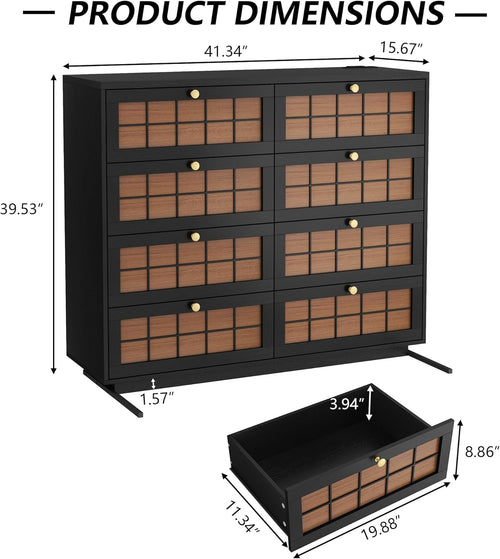 Floating 8 Drawer Dresser for Bedroom, LED Chest of Drawers with Charging Station, Brown Plaid Fronts & Gold Metal Knobs, Modern Dresser TV Stand Storage Organizer for Living Room Hallway Closet