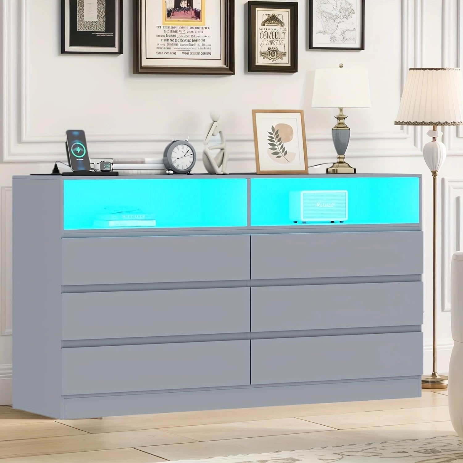 Loomie 12-Cell Divided Drawers Black Dresser with Charging Station & Led Lights for Bedroom, Long 63" Wide Dresser TV Stand for TVs up to 75", Large Dressers Organizer with 4 Open Cubbies