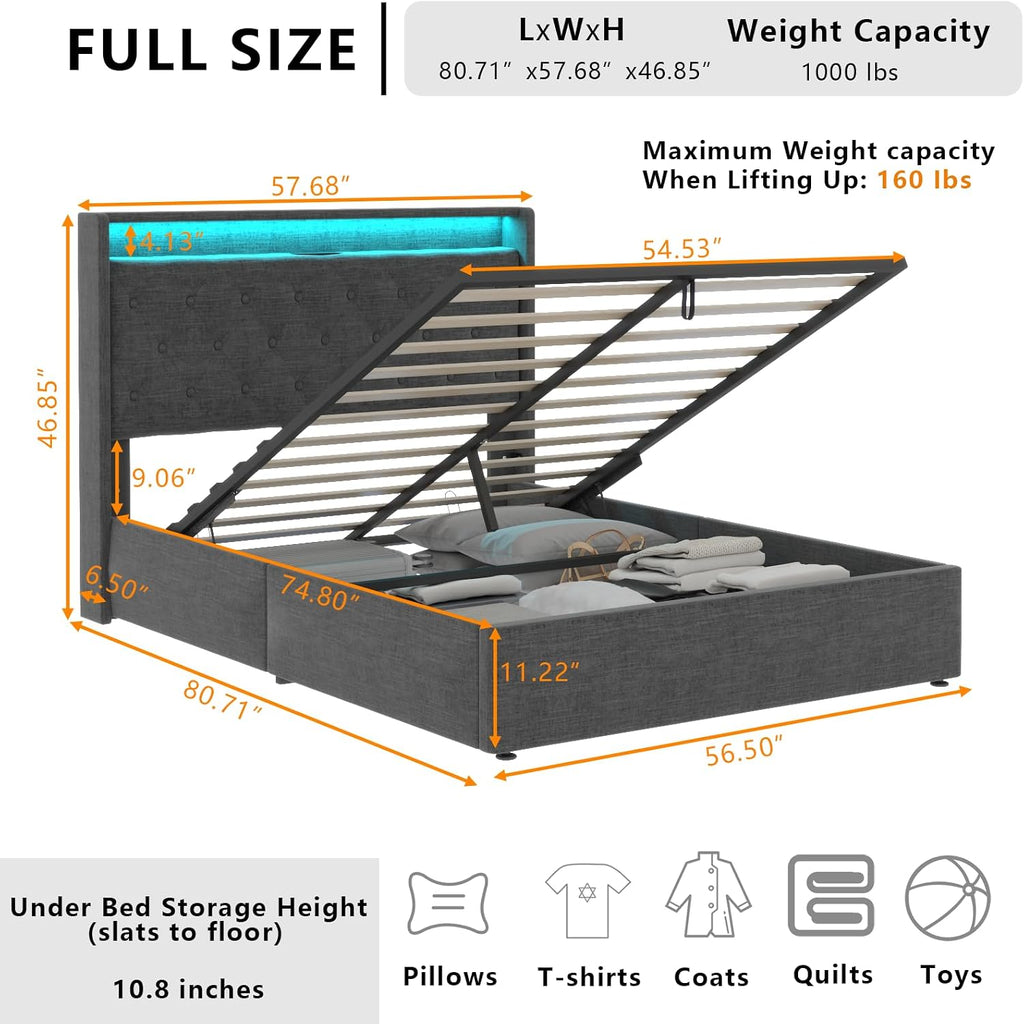 Full Lift Up Storage Bed Frame w/Charging Station & LED Lights, Dark Grey