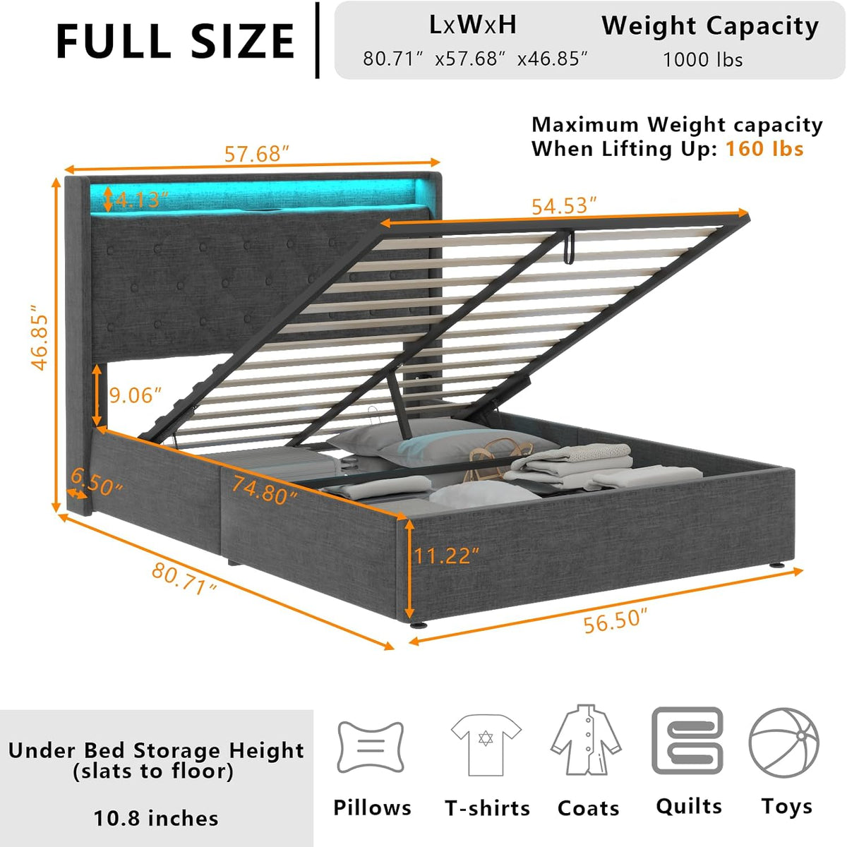 Full Lift Up Storage Bed Frame w/Charging Station & LED Lights, Dark Grey